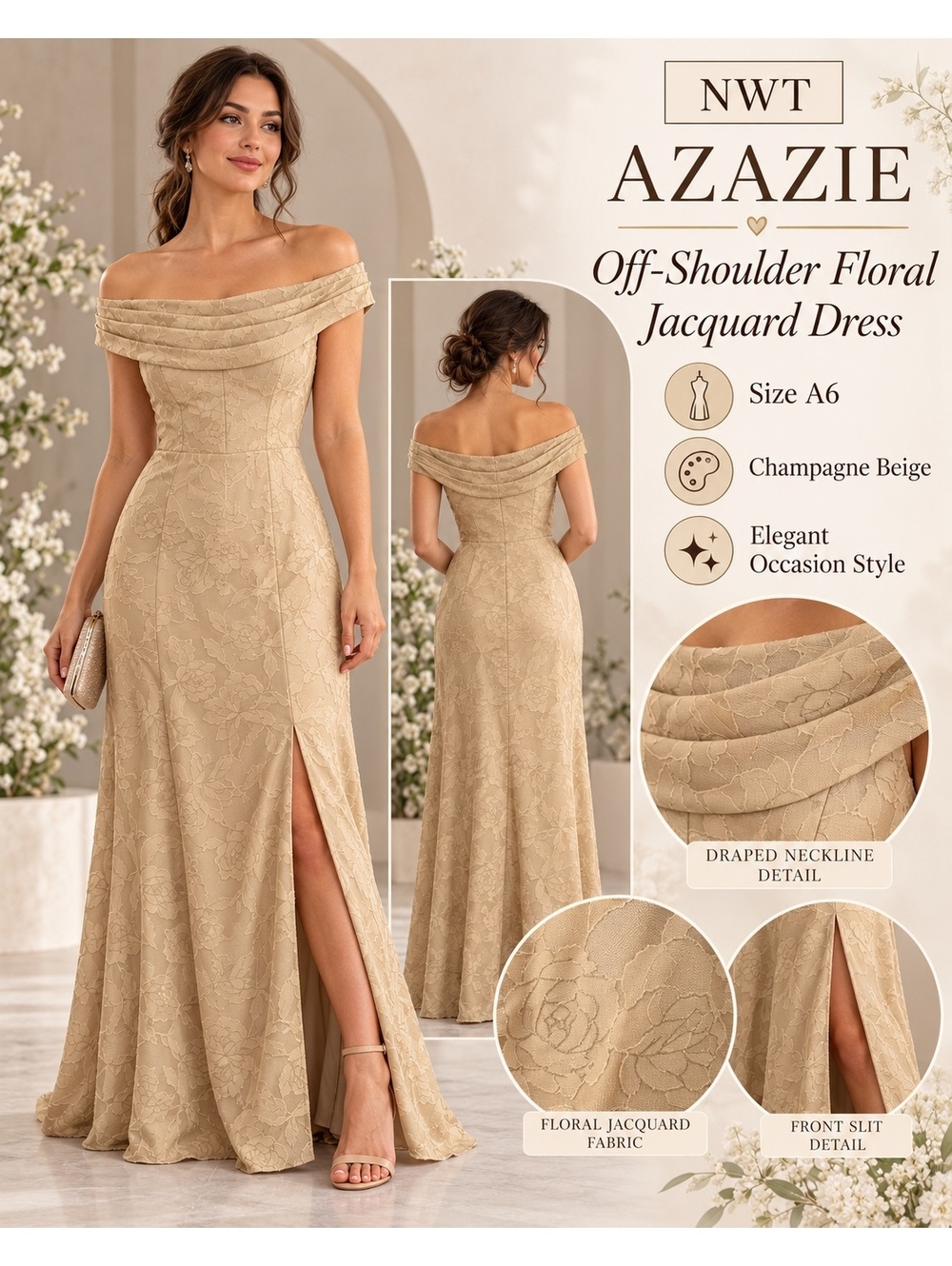 Azazie Champagne Beige Off Shoulder Jacquard Maxi Dress